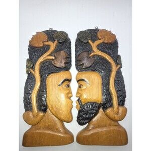 Vintage 2 Mid Century Folk Art Rastafarian Jamaican Carved Wood Silhouettes